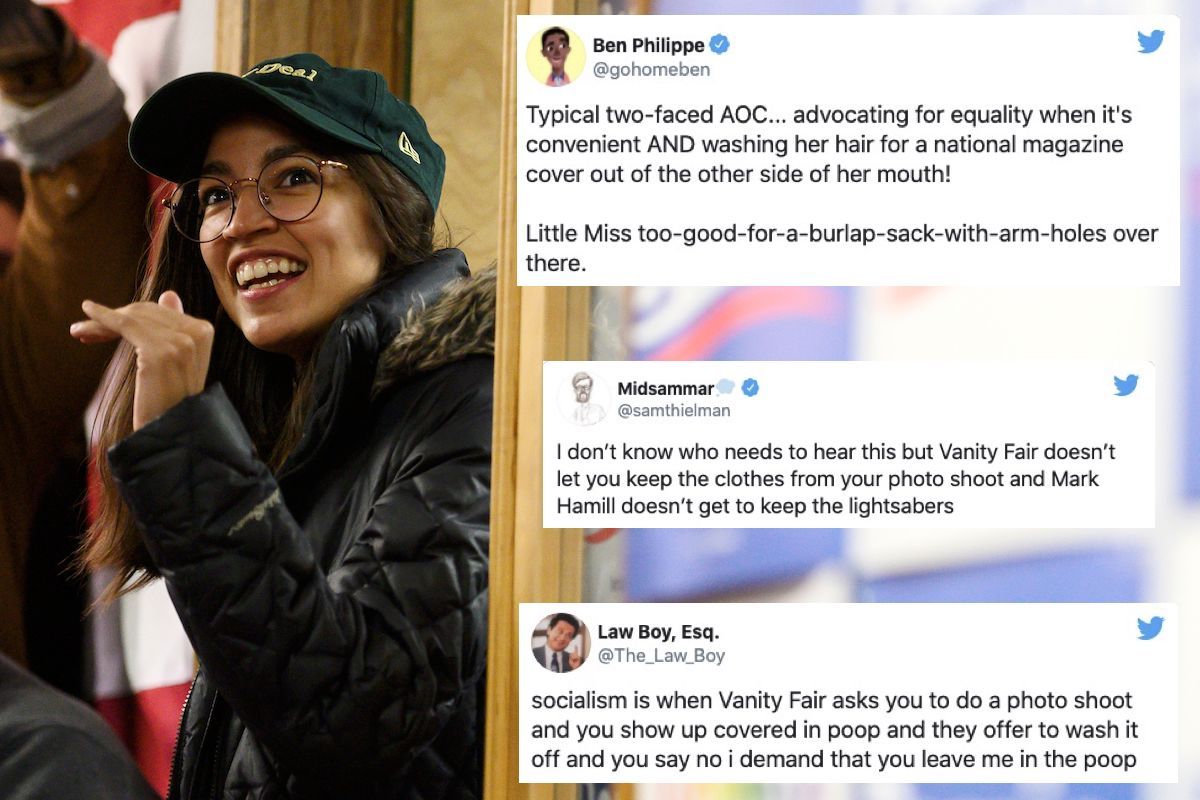 Alexandria Ocasio-Cortez'i eleştirenlerle alaycı bir şekilde alay eden tweetler, kongre üyesinin beyzbol şapkalı bir resminin üzerine bindirildi.