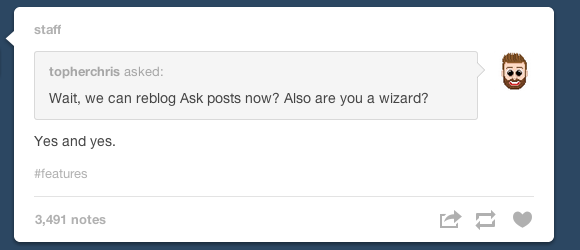 问和你会收到：Tumblr Asks 现在可以转发