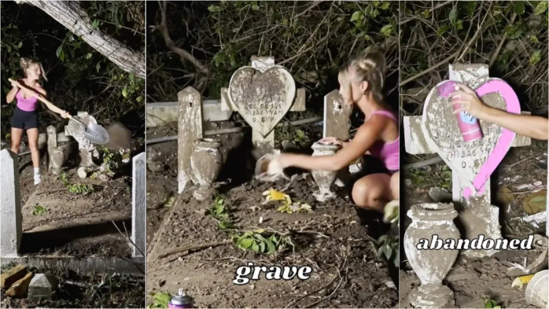 O vídeo de uma mulher limpando um cemitério à noite é desagradável em vários níveis