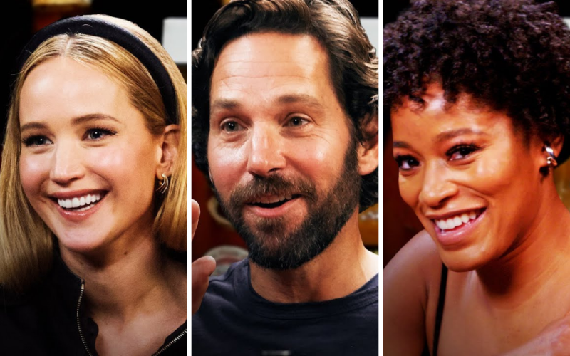   Un collage de stars du spectacle'Hot Ones' with Jennifer Lawrence, Raul Rudd, and Keke Palmer