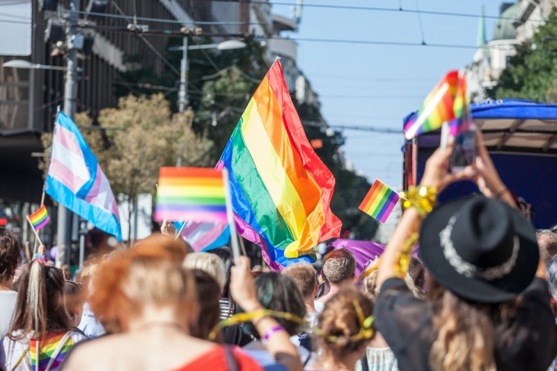   Тълпа от хора, издигащи различни LGBTQ прайд знамена.