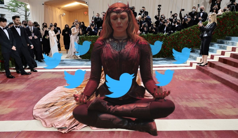   NEW YORK, NEW YORK – 2. KVĚTNA: Blake Lively se účastní oslavy Met Gala 2022"In America: An Anthology of Fashion" at The Metropolitan Museum of Art on May 02, 2022 in New York City as the background. Wanda Maximoff floating in front with circling tweets. image: Marvel Entertainment, Twitter, and Jamie McCarthy/Getty Images