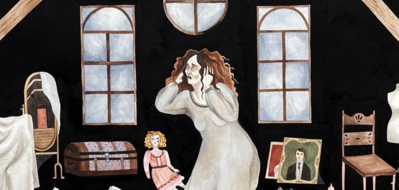   Una mujer se agacha en un ático y se agarra la cabeza angustiada. Detalle de Katy Horan's "In the Attic."
