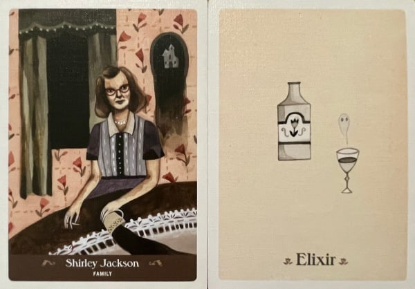   Dvě karty z Literary Witches Oracle: Shirley Jackson a Elixer.