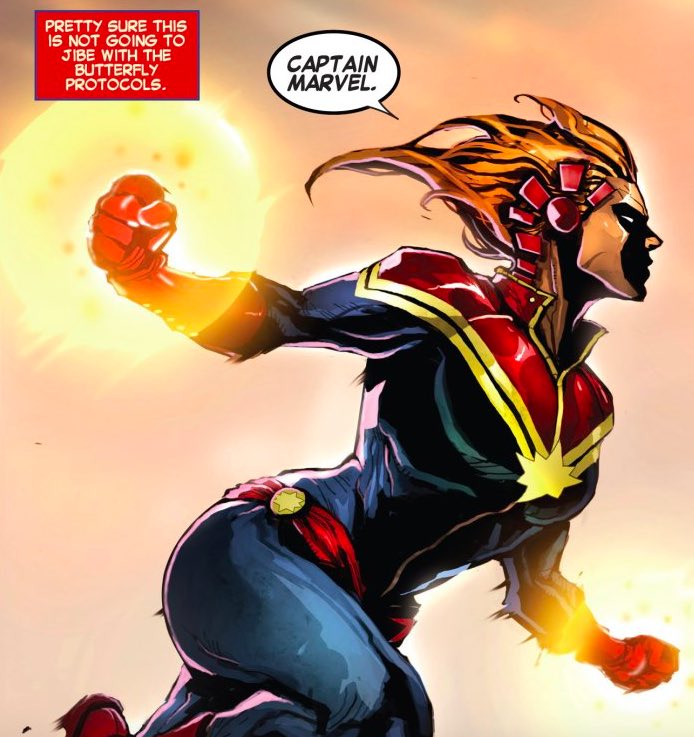 Kaptein Marvel vlieg en is besig om skade aan te doen in die strokiesprente.