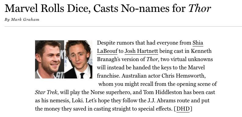 Chris Hemsworth et Tom Hiddleston inconnus casting pour Thor