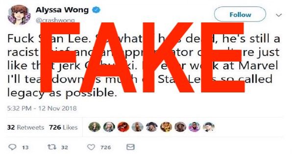 Un tweet falso que ataca a Stan Lee por apropiación cultural después de su muerte.