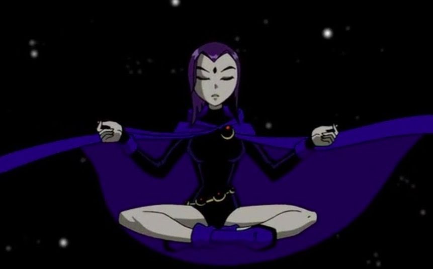 Teen Titans'ta yüzen ve meditasyon yapan kuzgun.