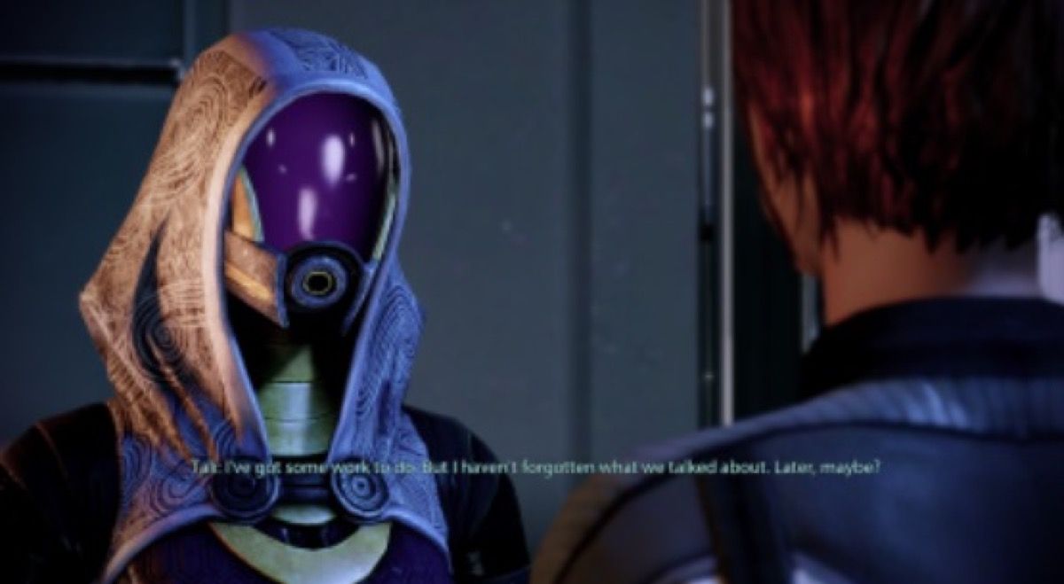 Tali parlendu à Shepard in Mass Effect 2.
