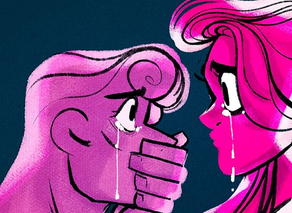 Eros a Persefona se slzami v očích ve webkomiku Lore Olympics.