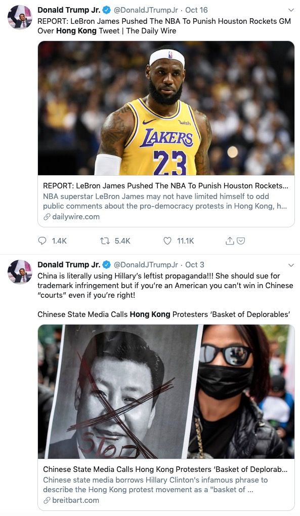 Donald Trump Jr.'dan Hong Kong protestoları hakkında makaleler paylaşan iki tweet.