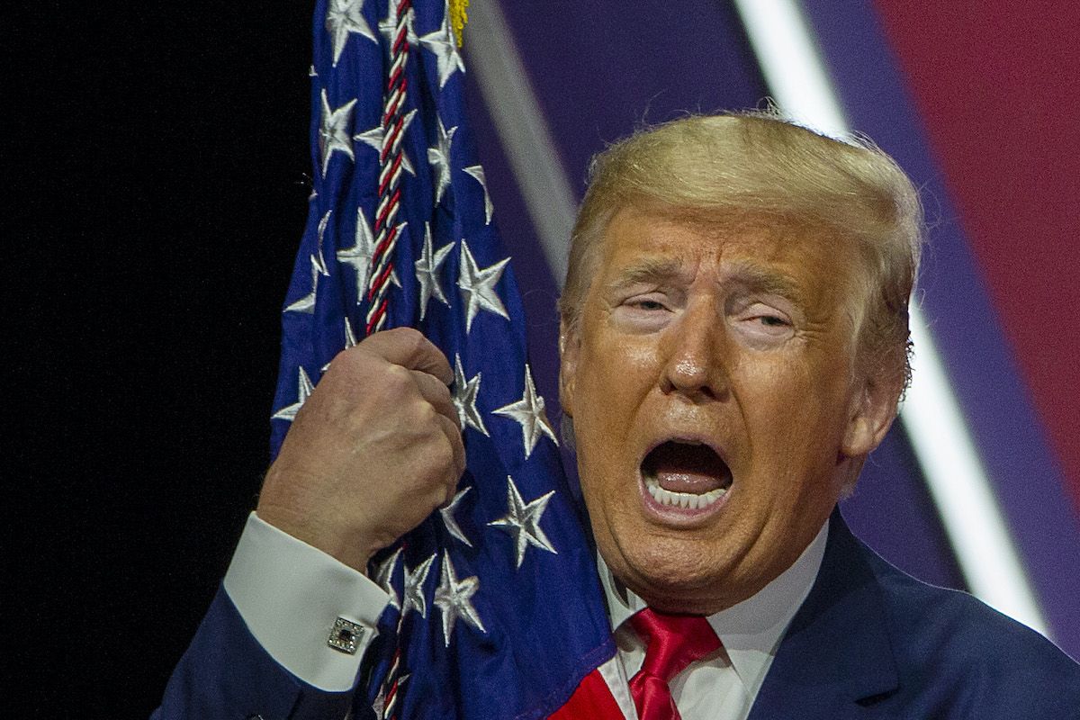 Donald Trump, ABD bayrağına sarılıyor ve bağırıyor