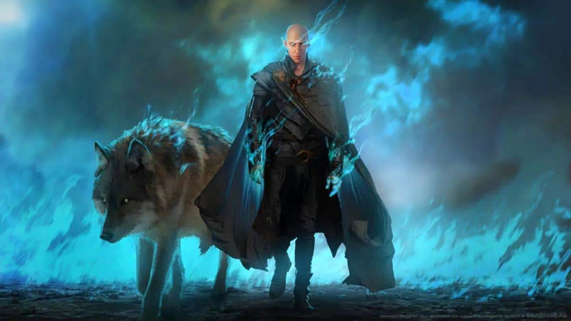  Seorang elf berdiri dengan serigala yang dikelilingi oleh sihir biru'Dragon Age: Dreadwolf.'