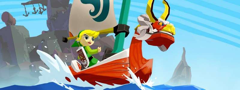   Link monta un barco dragón rojo a través del océano en'The Legend of Zelda: The Wind Waker'