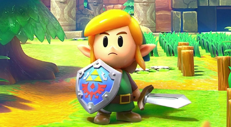   Little Link empuña una espada y un escudo en'The Legend of Zelda: Link's Awakening'