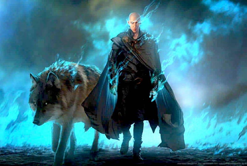  드래곤 에이지: 드레드울프 아트의 빛나는 푸른 불꽃 속에 있는 인간과 거대한 늑대.