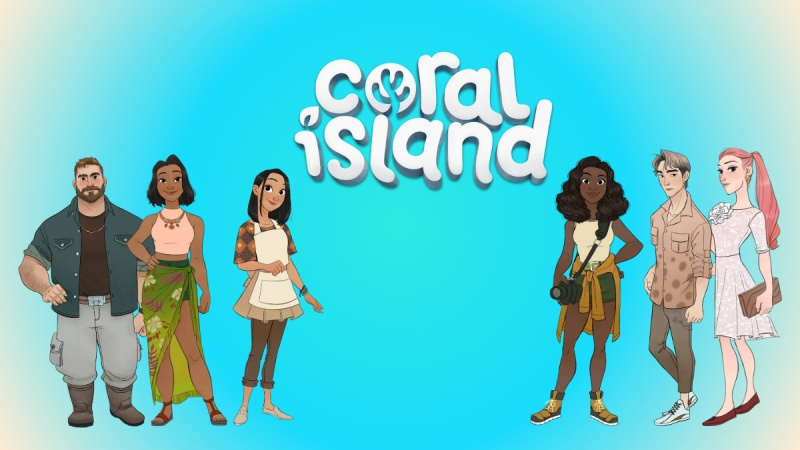   Liki s Coral Islanda obkrožajo logotip igre, vse na svetlo modrozelenem ozadju
