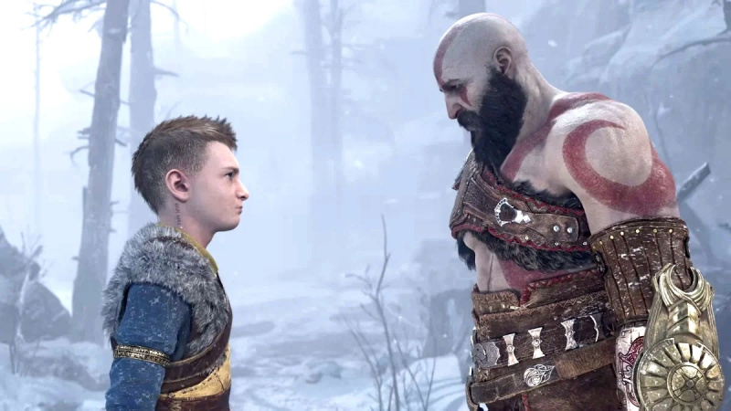   Kratos et Atreus face à face dans God of War Ragnarök