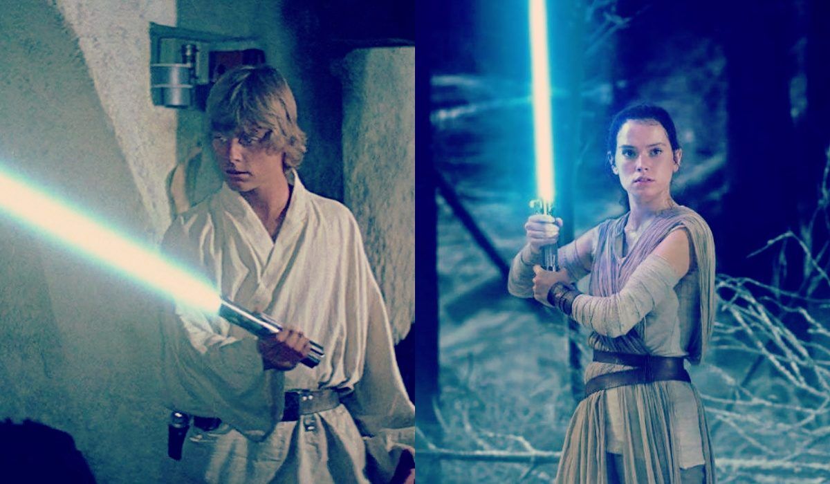 Mark Hamill como Luke Skywalker en Star Wars (1977) y Daisy Ridley como Rey en Star Wars: El despertar de la fuerza. Ambos sostienen a Anakin