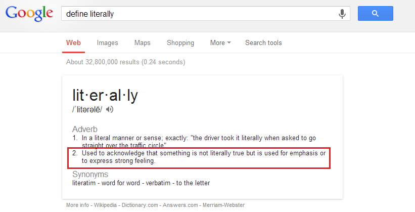 Google dosłownie „po prostu powiedział dosłownie” teraz oznacza również w przenośni