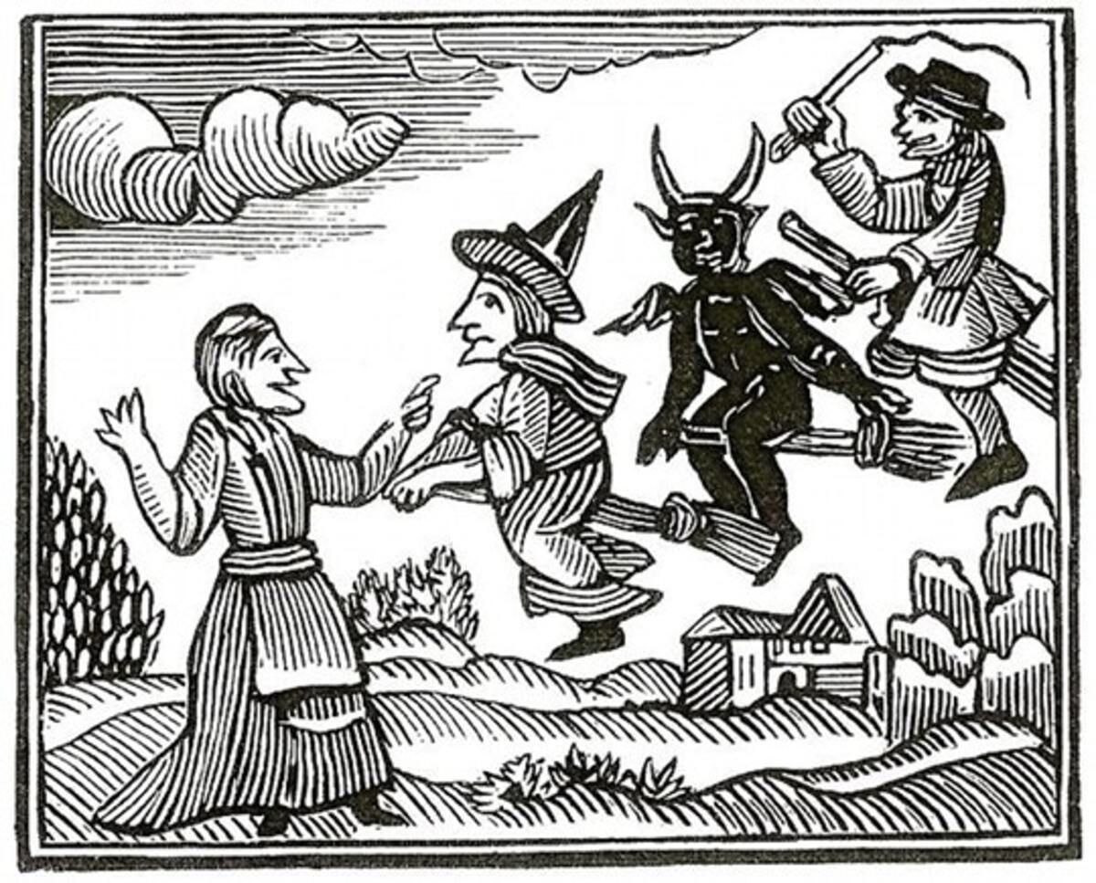 xilografía de brujas volando y el diablo
