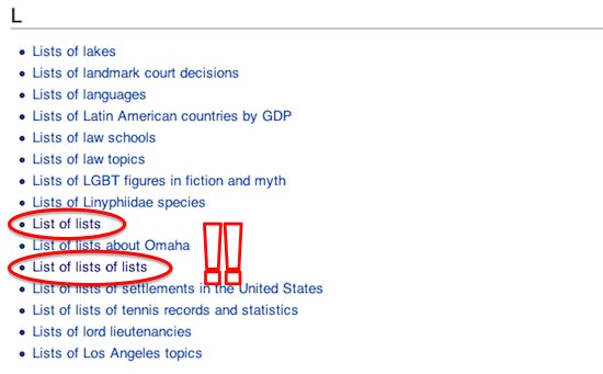 विकिपीडियामध्ये याद्यांच्या यादीची यादी आहे, जी स्वत: ला सूचीबद्ध करते आणि स्वतंत्र यादीची यादी