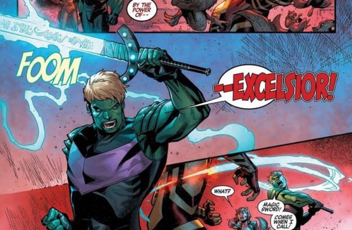 Hulkling empuñando la espada mágica Excelsior en los cómics de Marvel.