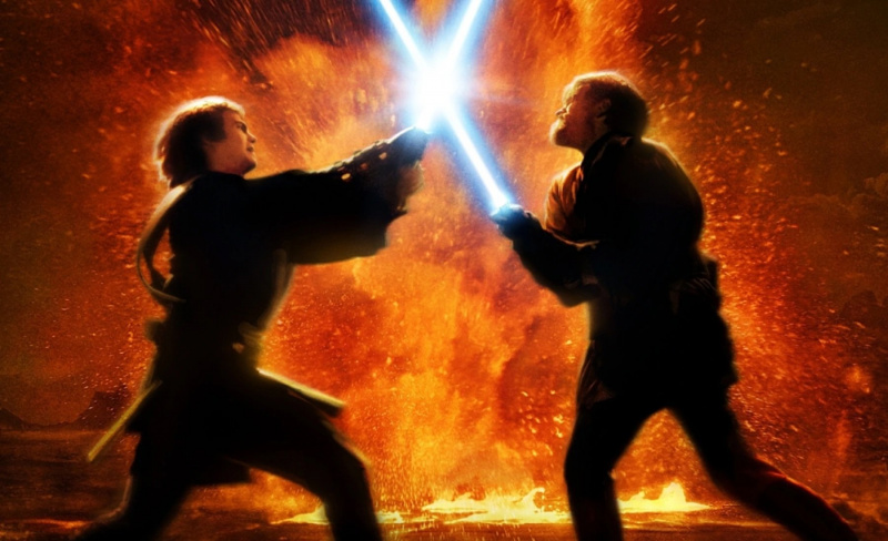  Anakin Skywalker y Obi-Wan Kenobi se baten a duelo con sables de luz en Star Wars: La venganza de los Sith