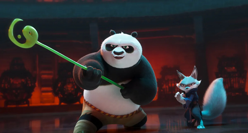  (soldan sağa) Po (Jack Black) ve Zhen (Awkwafina), Mike Mitchell'in yönettiği Kung Fu Panda 4'te.