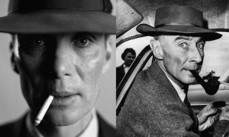   Cillian Murphy, J. Robert Oppenheimer rolünde, adamın kendisinin bir fotoğrafının yanında.