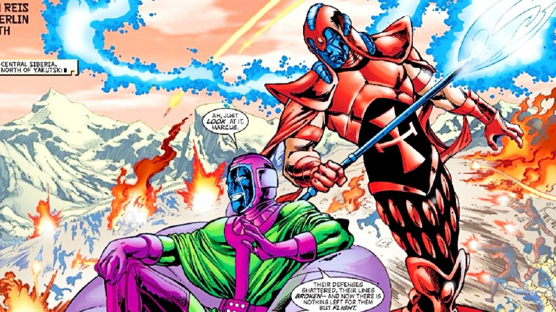   Kang the Conqueror hablando con su hijo Scarlet Centurion en Marvel Comics