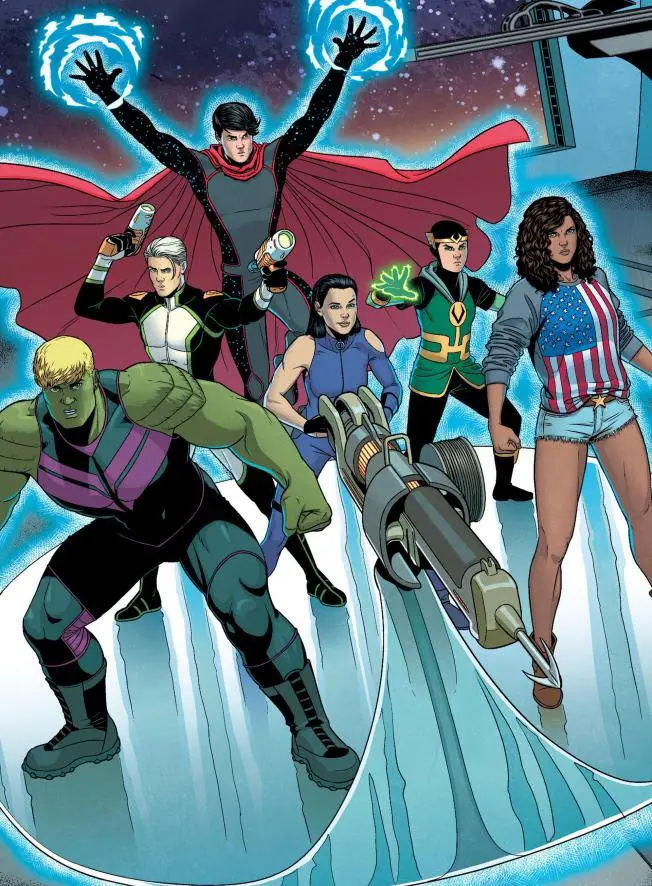   Amerika Čavesa, Keita Bišopa, Hulklings, Noh-Varrs, Kids Loki un Vikans pozē Jauno atriebēju panelī.