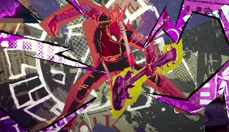   Spider-Punk hace trizas con una guitarra en medio de una telaraña que parece un collage en Across the Spider-Verse.