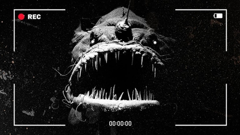   Screenshot aus dem Videospiel'Iron Lung' published by David Szymanski. It's a black and white  image through the viewfinder of a video camera recording and a large, scary-looking mutant fish coming at us with its mouth open wide showing spindly, sharp teeth.