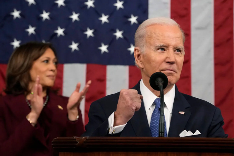   Joe Biden hebt eine Faust, während er auf einem Podium steht. Kamala Harrise klatscht hinter ihm und steht vor einer amerikanischen Flagge.