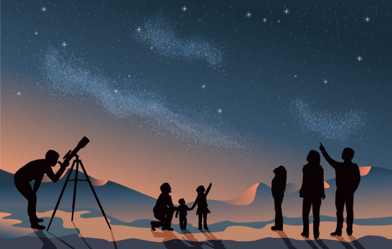  Karanlık gece gökyüzündeki yıldızlara bakarak yıldızlara bakmak. Bir grup insan ailesi ve arkadaşları erkek kadın ve silueti teleskoplu çocuklarla. Samanyolu astronomi kavramı vektörüne bakmak, gruplandırılmış ve kopya alanı ile katmanlı