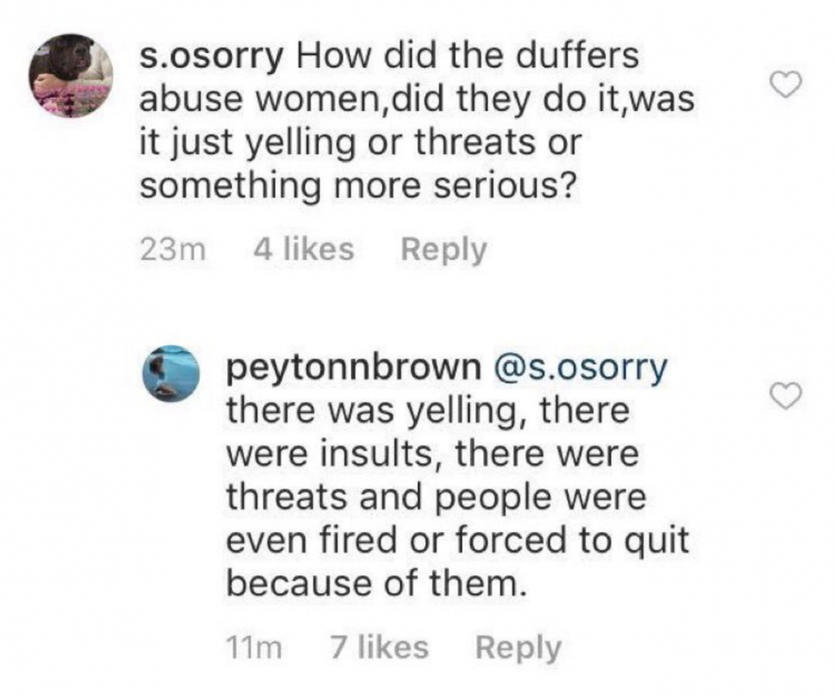 Peyton Brown -kuvaruutu, jossa hän kertoo Duffer Brothersin väärinkäyttäytymisestä Stranger Things -ryhmässä