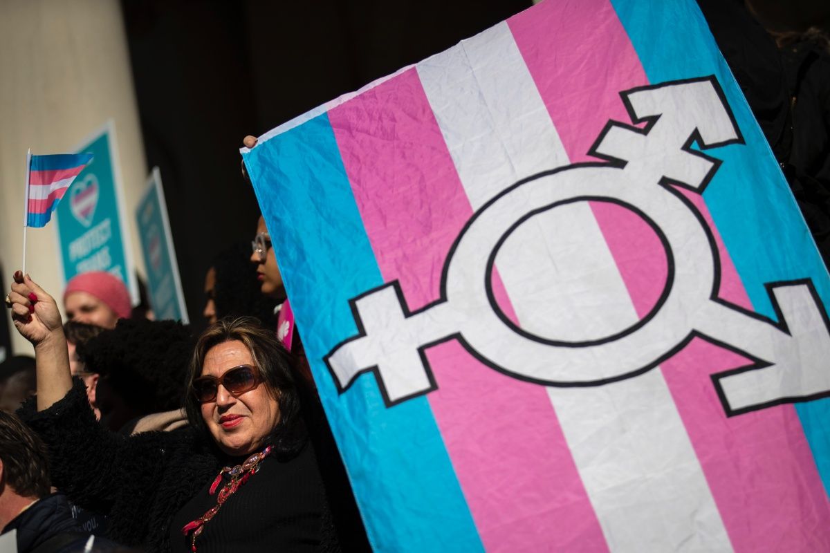 Protestocu bir transseksüel bayrağı taşıyor.