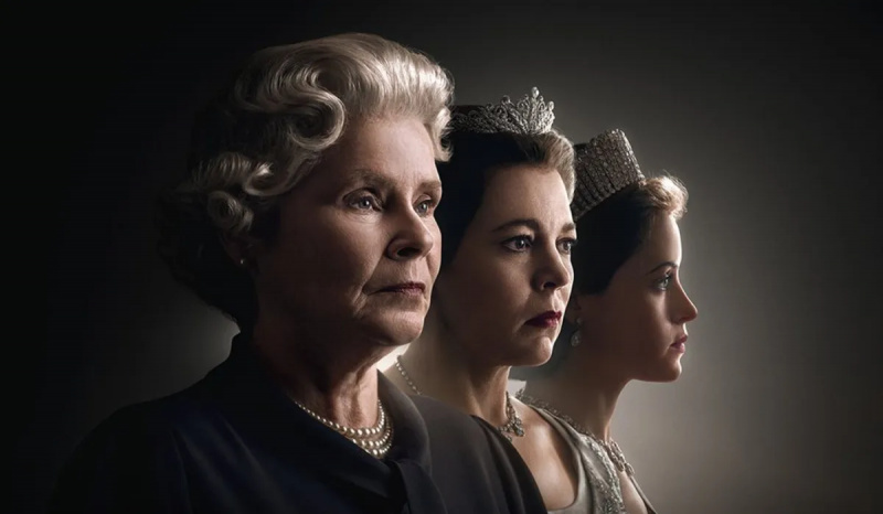   Imelda Staunton, Olivia Colman a Claire Foy na plakátu poslední sezóny pro The Crown na Netflixu