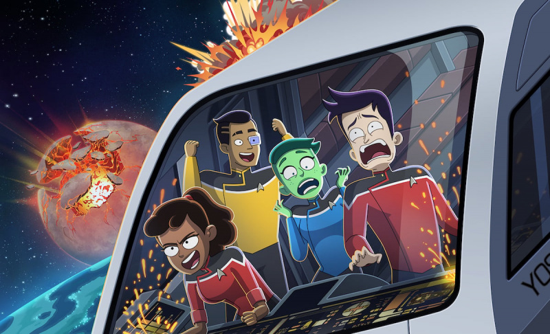  Mariner, Rutherford, Tendi y Boimler gritan en un transbordador que explota en un cartel de Star Trek: Lower Decks.