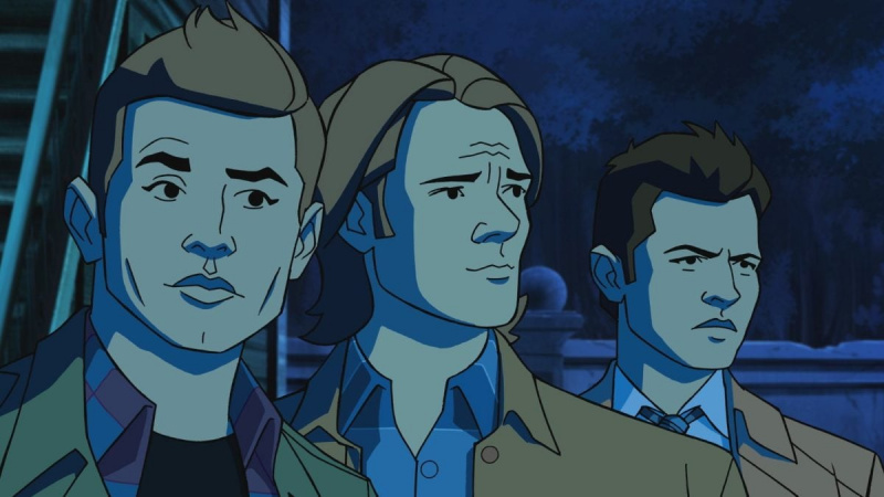 Jensen Ackles como Dean Winchester, Jared Padalecki como Sam Winchester y Misha Collins como Castiel en la película animada.'Supernatural' episode