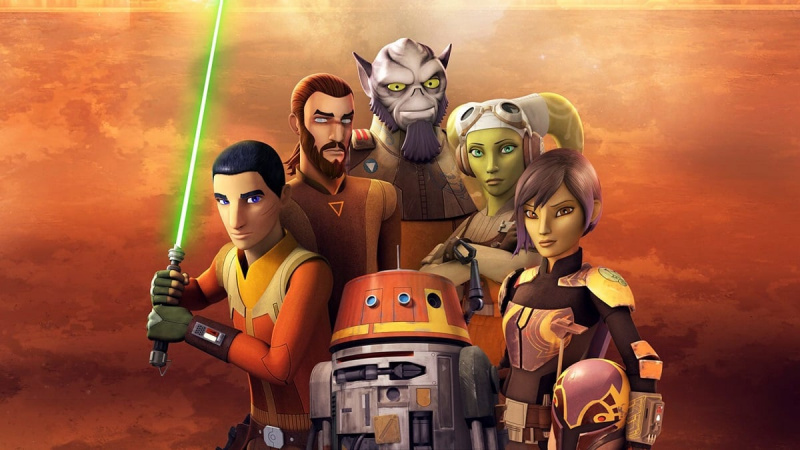   Imagen promocional de los seis personajes principales de la serie animada de Disney Plus,'Star Wars: Rebels.' From left to right: Ezra, Kanan, Zeb, Hera, Sabine, and Chopper in the middle.