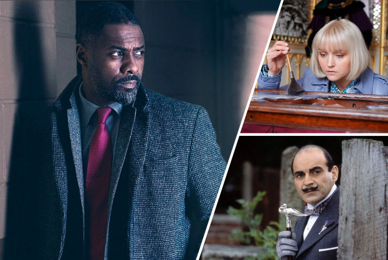   Najboljše britanske kriminalne drame (v smeri urinega kazalca z leve):'Luther,' 'Queens of Mystery,' and 'Poirot'