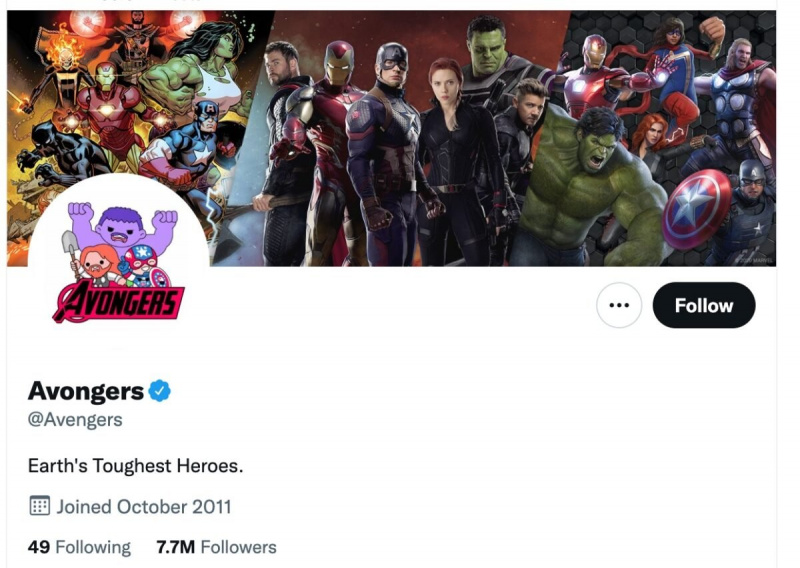   Avengersin Twitter-profiili, jossa lukee nyt Avongers ja jossa on She-Hulk: Attorney at Law -viittauksen taidetta.