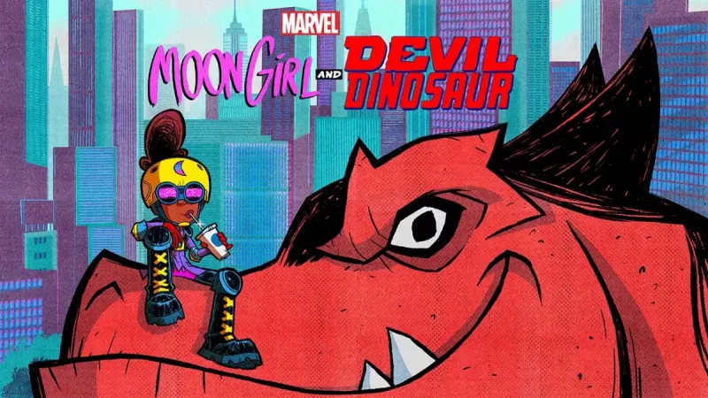   Lunella se sienta en Devil Dinosaur's snout. "Moon Girl and Devil Dinosaur" is written at the top, along with the Marvel logo.